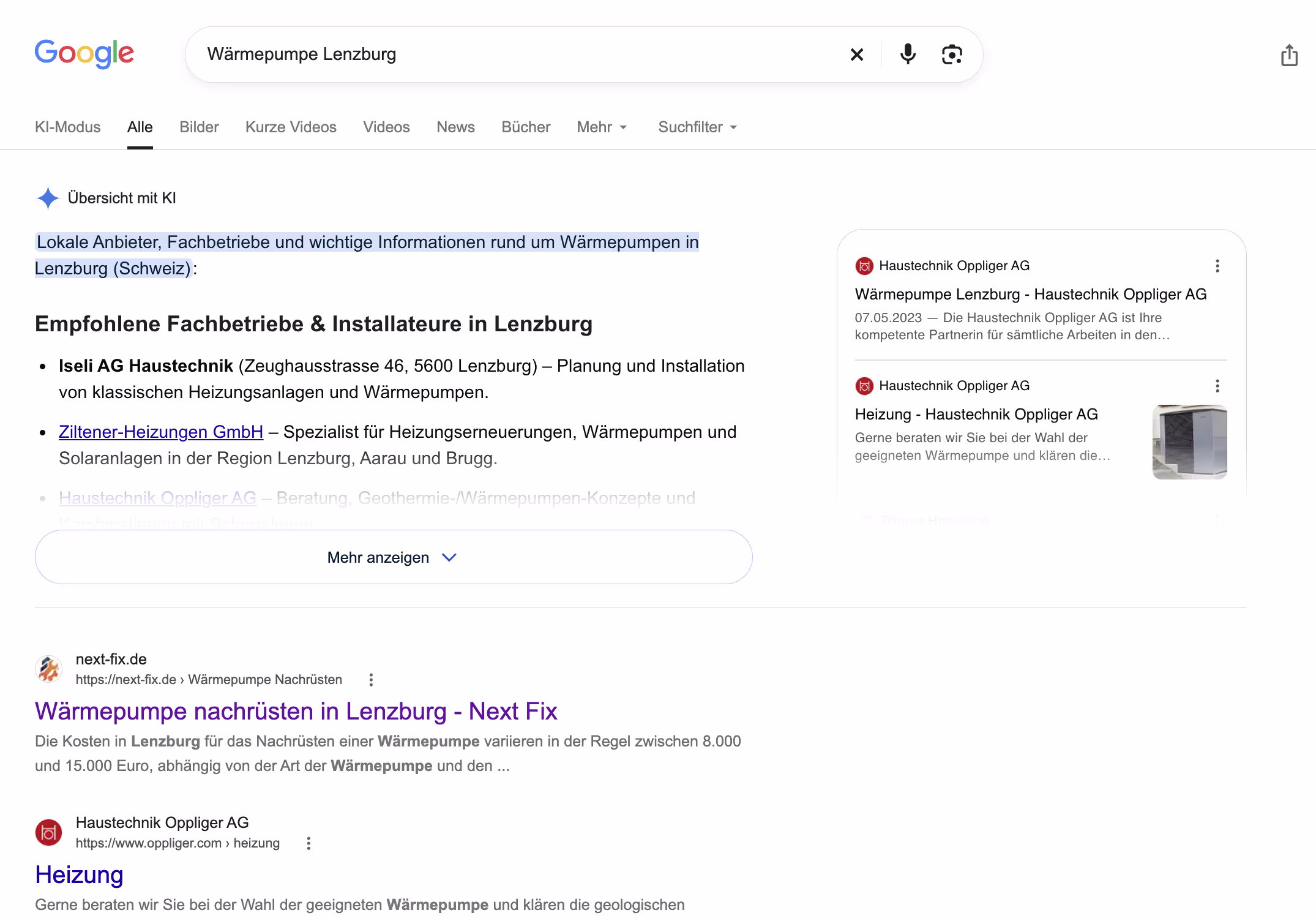 Google-Suche: Wärmepumpe Lenzburg